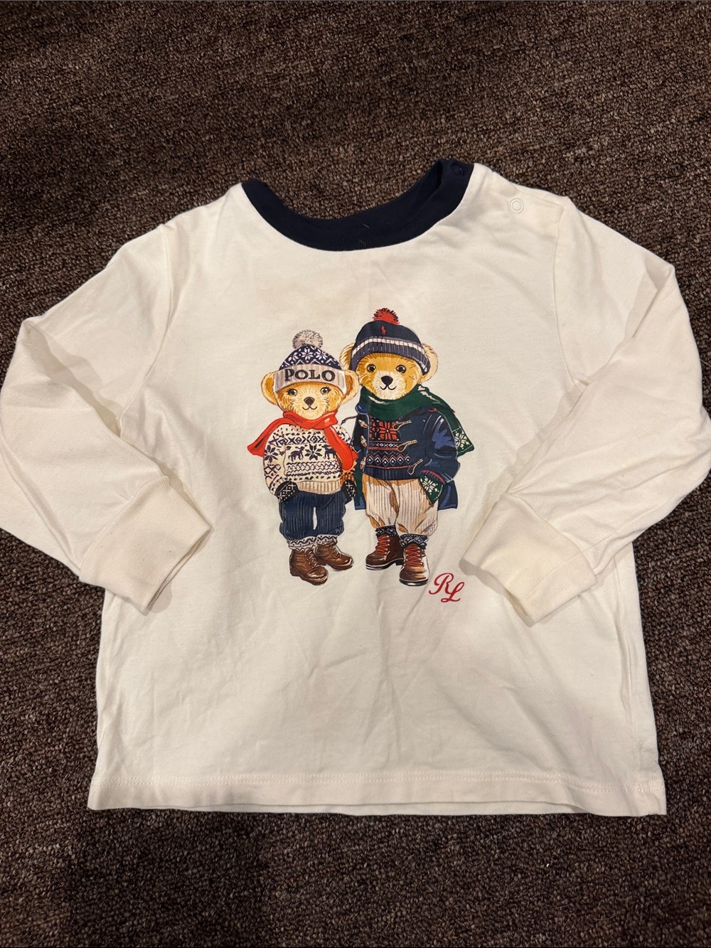 Polo by Ralph Lauren Cream Long-Sleeve Tee with Bear Duo Graphic and Navy Collar